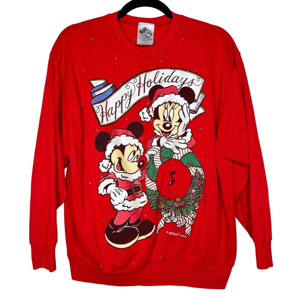 Vintage Disney Mickey Minnie Mouse Happy Holidays Crew Red Sweatshirt Size Large